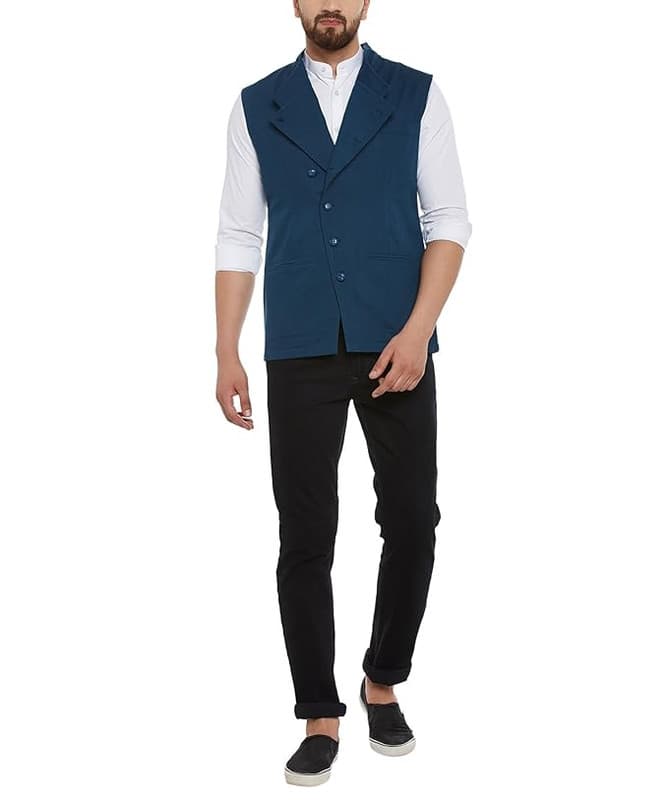 Blue Color Side Button Cotton Waistcoat for Men - View 2