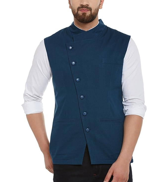 Blue Color Side Button Cotton Waistcoat for Men