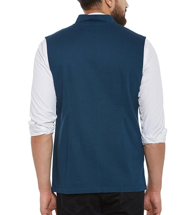 Blue Color Side Button Cotton Waistcoat for Men - View 4